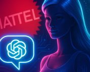 Barbie stilizzata, illuminata da luci neon ciano e magenta, tiene un fumetto con l’icona di ChatGPT; sullo sfondo, logo Mattel sfocato e motivi di circuiti futuristici.