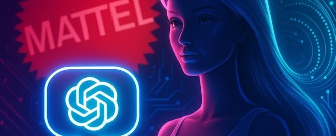 Barbie stilizzata, illuminata da luci neon ciano e magenta, tiene un fumetto con l’icona di ChatGPT; sullo sfondo, logo Mattel sfocato e motivi di circuiti futuristici.