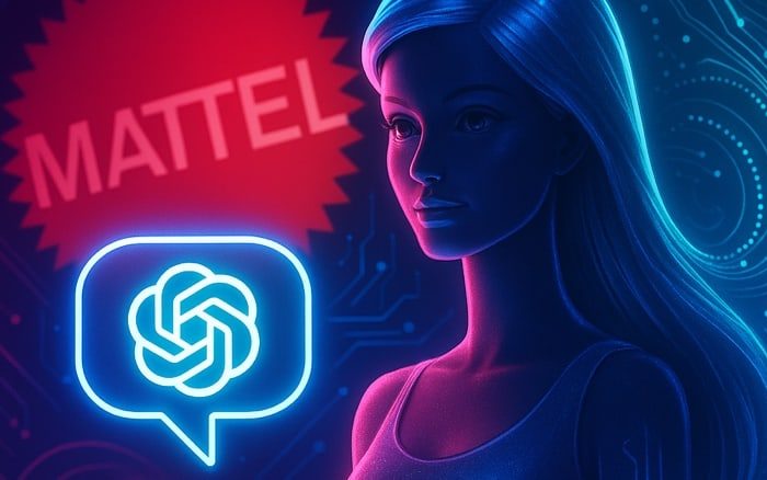 Barbie stilizzata, illuminata da luci neon ciano e magenta, tiene un fumetto con l’icona di ChatGPT; sullo sfondo, logo Mattel sfocato e motivi di circuiti futuristici.